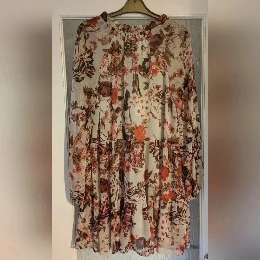 H&M floral A-line Flare Shift on dress tunic oversized size Us 4 S Orange Cream - Picture 2 of 3